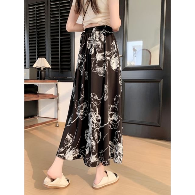 A-Line Midi Skirt Elastic Waist Floral