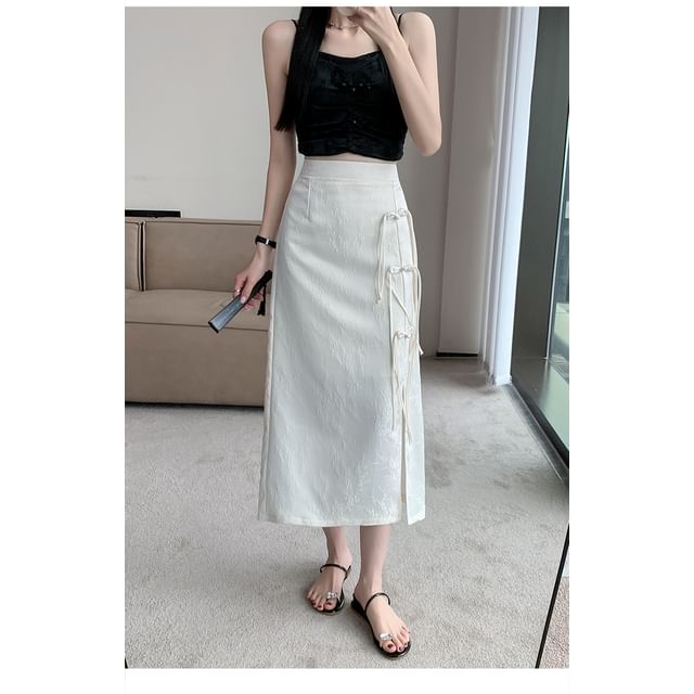 Skirt Midi Floral High Waist Slit A-Line Button Jacquard Frog