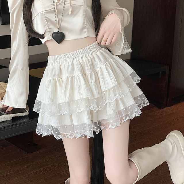 Trim A-Line Lace Tiered Skirt Elastic Waist Plain Mini