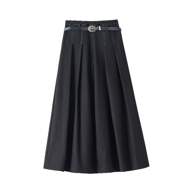 A-Line Midi Skirt Waist Denim Pleated High