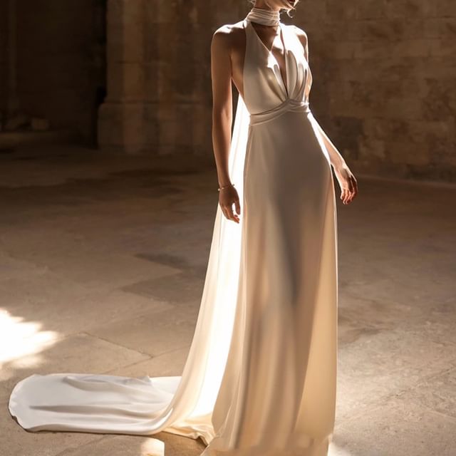 Wedding V-Neck Trained Back Open Satin Gown A-Line Plunge Plain Halter