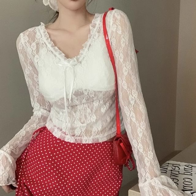 V-Neck Sleeve Long Lace Crop See-Through Top Floral