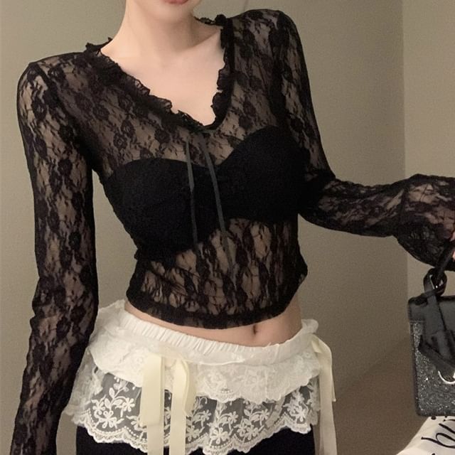 V-Neck Sleeve Long Lace Crop See-Through Top Floral