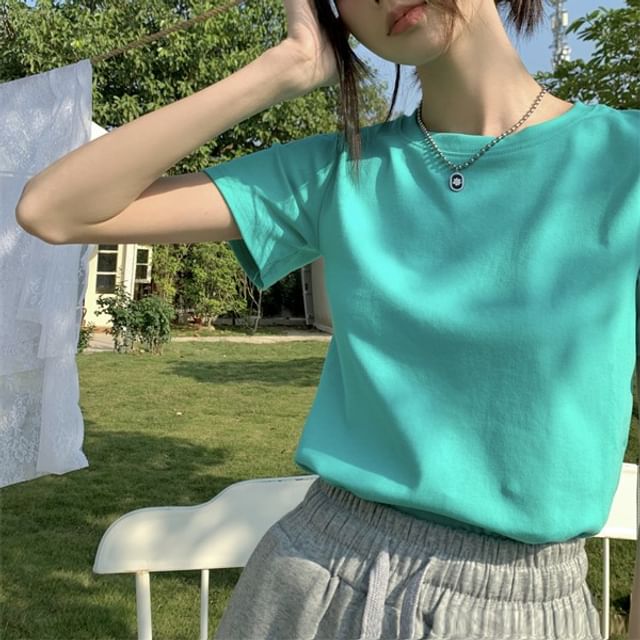 Crop T-Shirt Short-Sleeve Crewneck Plain