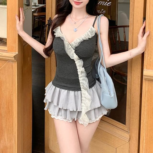 Camisole Panel Top V-Neck Ruffle