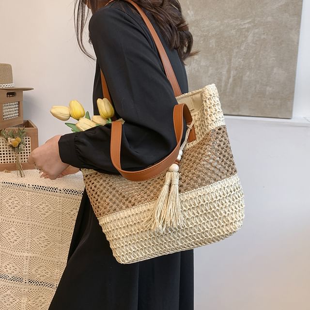 Tassel Woven Two-Tone Tote Bag