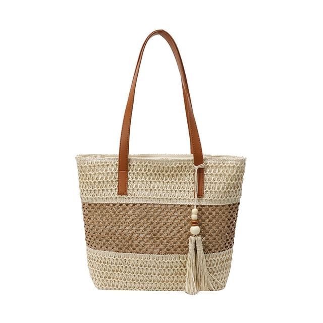 Tassel Woven Two-Tone Tote Bag