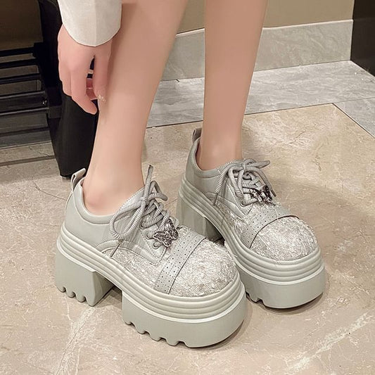 Platform Lace-Up Shoes Panel Brogue Leather Faux Tweed