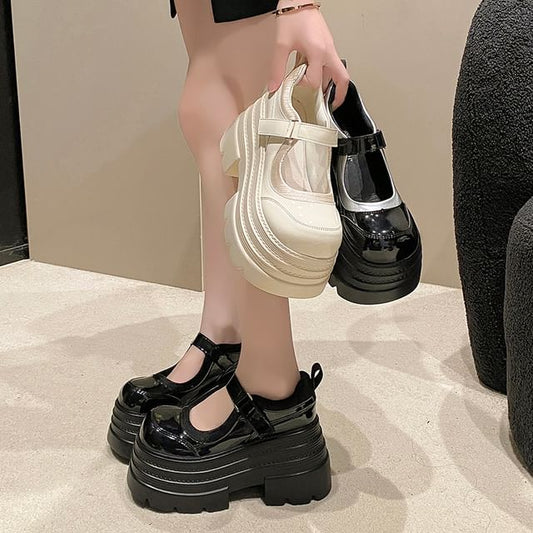 Platform Jane Leather Shoes Faux Strap Adhesive Mary