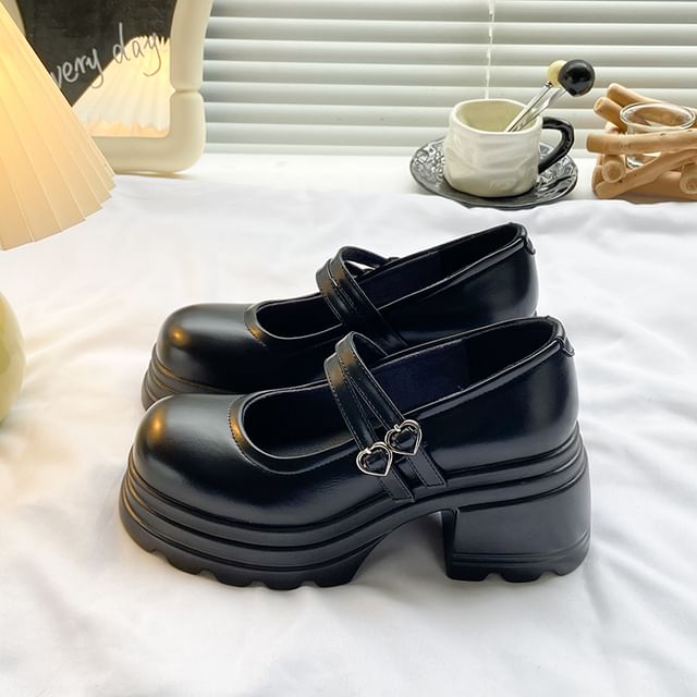 Jane Platform Strap Shoes Double Heart Buckled Genuine Mary Leather