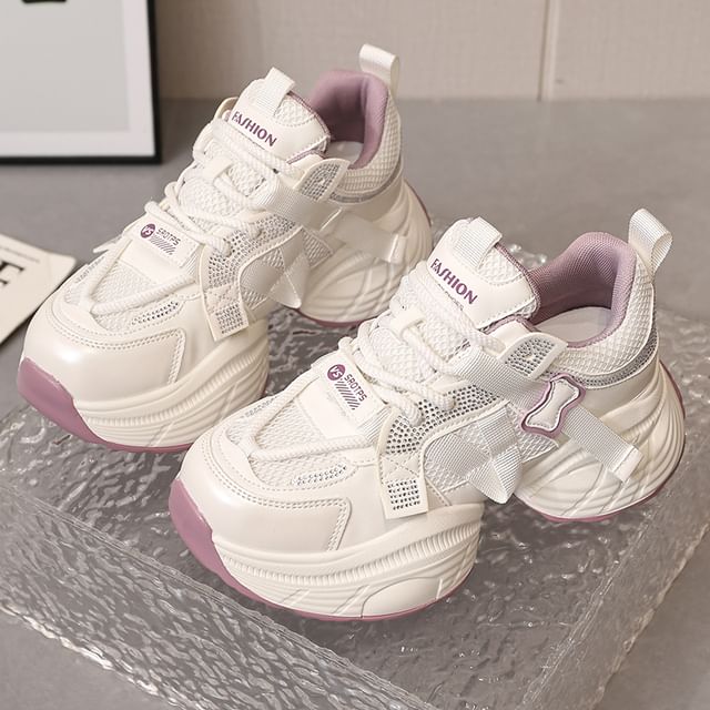 Mesh Faux Platform Leather Panel Sneakers Rhinestone Lace-Up