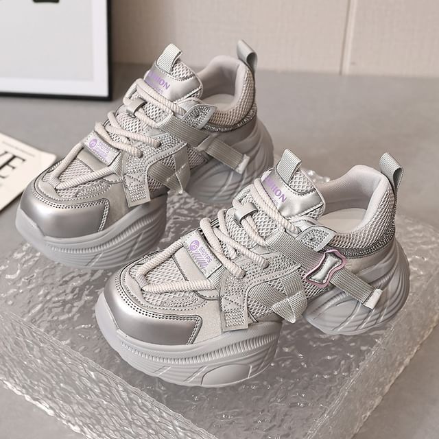 Mesh Faux Platform Leather Panel Sneakers Rhinestone Lace-Up