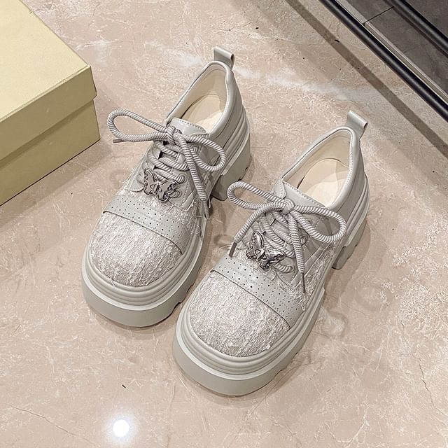 Platform Lace-Up Shoes Panel Brogue Leather Faux Tweed