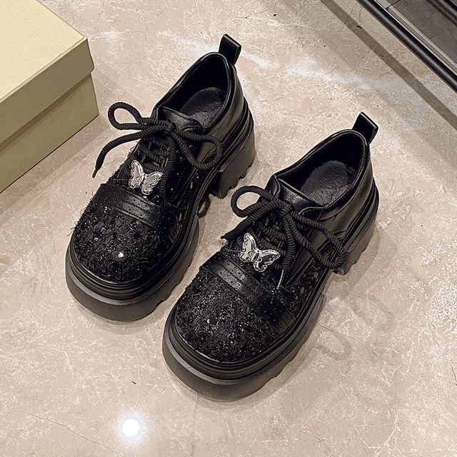 Platform Lace-Up Shoes Panel Brogue Leather Faux Tweed