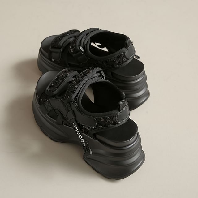 Platform Strap Adhesive Sequin Sandals Slingback