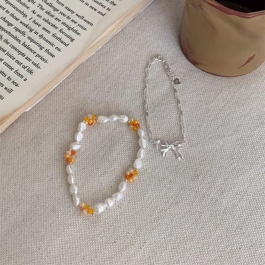 925 Silver / Beaded Bow Sterling Pearl Natural Bracelet