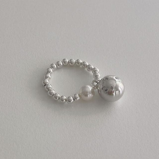 Silver Pearl Sterling 925 Elastic Beaded Faux Ring