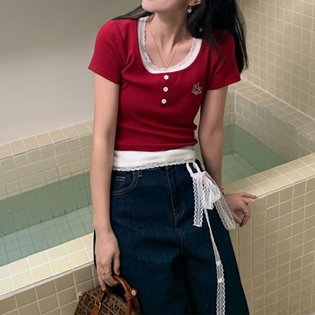 Square Neck Crop Top Two-Piece Mock Short-Sleeve