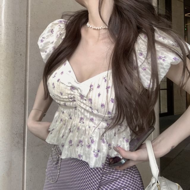 High Floral Peplum Mini Plaid Cropped Skirt Bow Blouse / Pencil Puff-Sleeve Rise Asymmetrical
