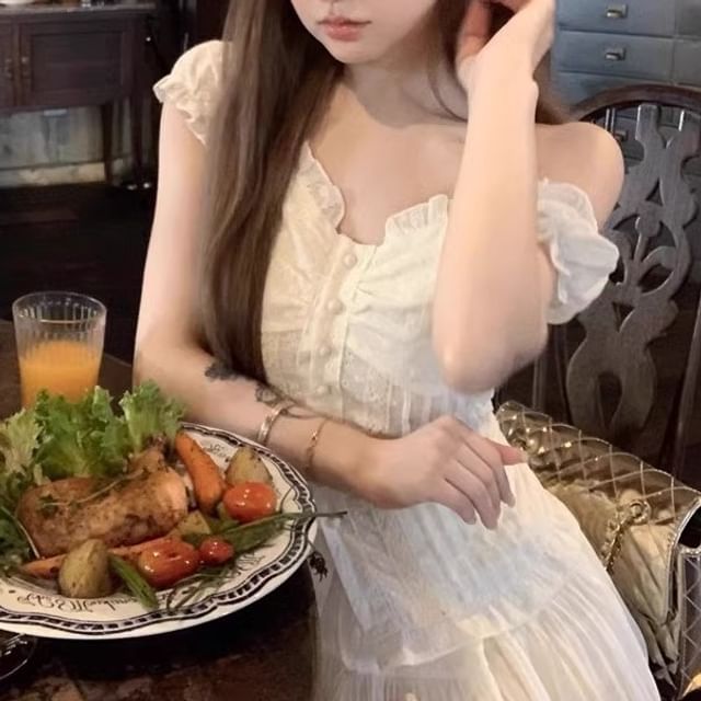 Blouse Skirt High Panel A-Line Slim / Lace Waist Fit Short-Sleeve Mini