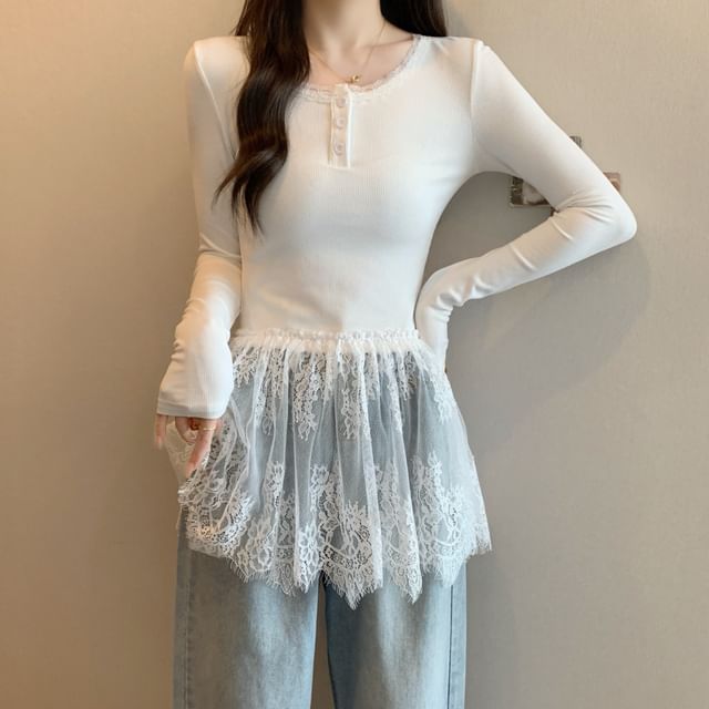 T-Shirt Henley Slim Peplum Long-Sleeve Fit Panel Lace