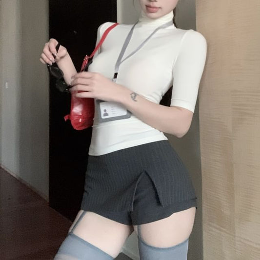 A-Line Tee Plain Skort Slit High / Slim Striped Waist Mini Fit Short-Sleeve Turtleneck