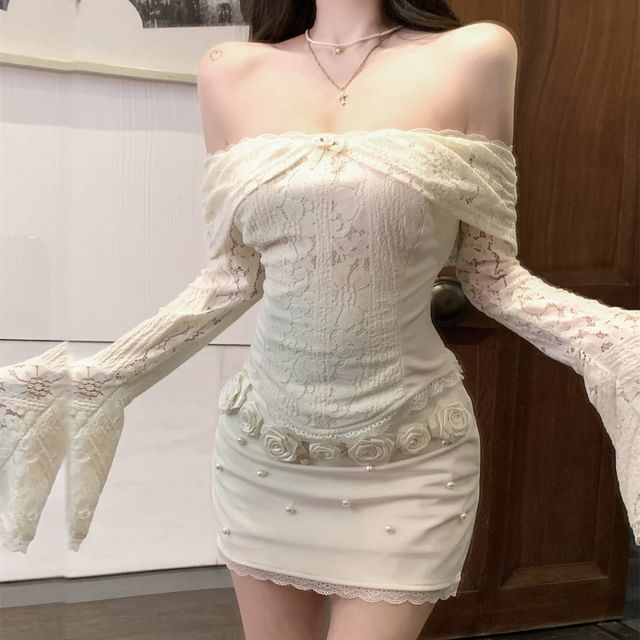 Accent Slim Mini Top Off-Shoulder Pencil Fit Floral Rise Crop Lace Skirt Long-Sleeve / Panel High