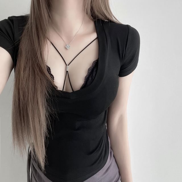 Slim Bra Fit Halter Top Plain Crop Neck Short-Sleeve / Scoop T-Shirt Lace