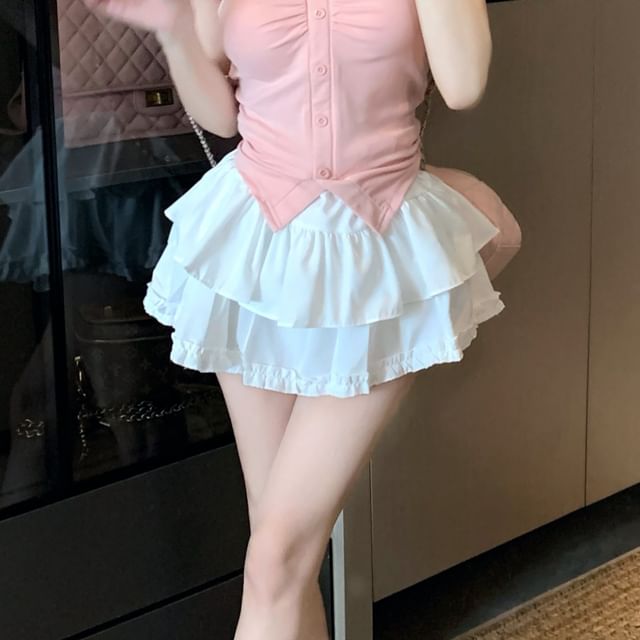 / Waist Trim Slit Short-Sleeve Mini V-Neck Tee Crop Ruched Skirt Frill Layered Plain A-Line High