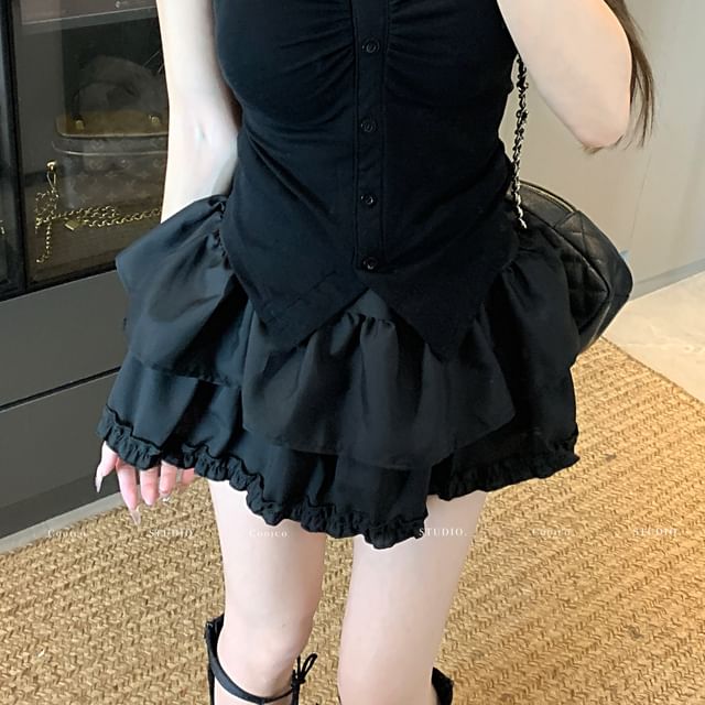 / Waist Trim Slit Short-Sleeve Mini V-Neck Tee Crop Ruched Skirt Frill Layered Plain A-Line High