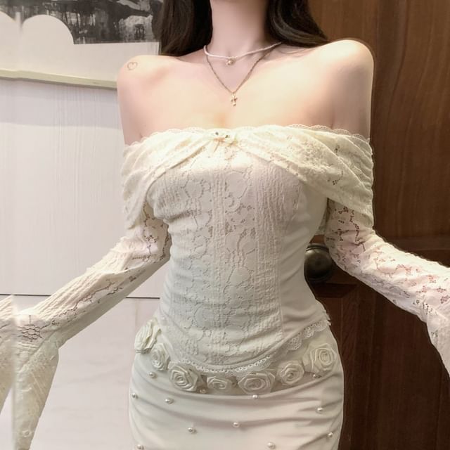 Accent Slim Mini Top Off-Shoulder Pencil Fit Floral Rise Crop Lace Skirt Long-Sleeve / Panel High