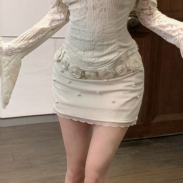 Accent Slim Mini Top Off-Shoulder Pencil Fit Floral Rise Crop Lace Skirt Long-Sleeve / Panel High