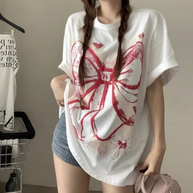 Elbow-Sleeve Round Bow Neck Print Oversized T-Shirt