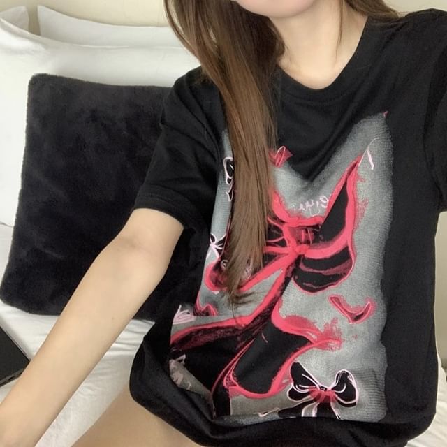 Elbow-Sleeve Round Bow Neck Print Oversized T-Shirt