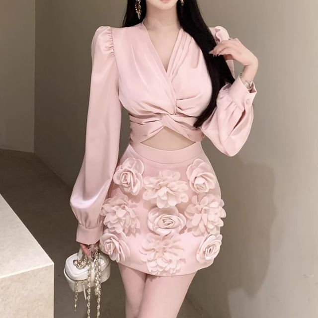 Applique Rise Skirt Mini Plain Sleeve / V-Neck Crop Floral Pencil Blouse High Long Ruched