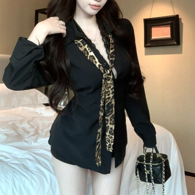 Plain Shirt Panel Lace Long Collared Sleeve