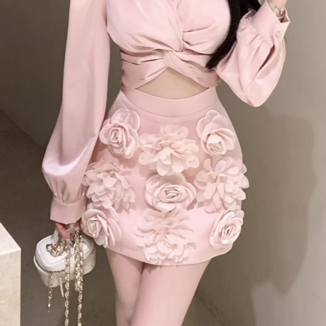 Applique Rise Skirt Mini Plain Sleeve / V-Neck Crop Floral Pencil Blouse High Long Ruched