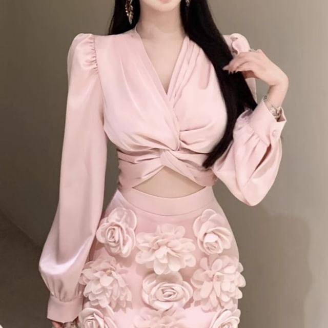 Applique Rise Skirt Mini Plain Sleeve / V-Neck Crop Floral Pencil Blouse High Long Ruched