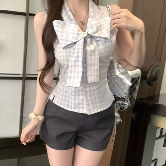 Dotted Neck Ribbon Sleeveless Top