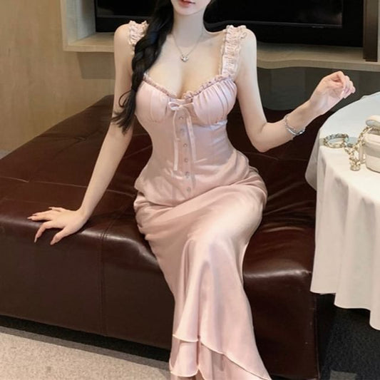 Frill High / Trim Fishtail Plain Sleeveless Maxi Top Skirt Waist