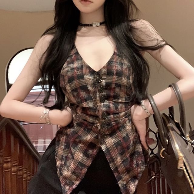 Plaid Button-Up V-Neck Sleeveless Top