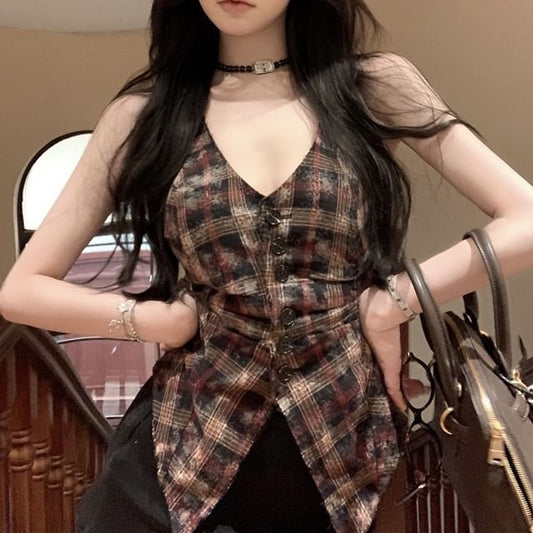 Plaid Button-Up V-Neck Sleeveless Top