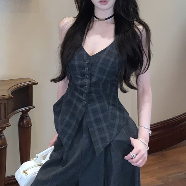 Plaid Button-Up V-Neck Sleeveless Top