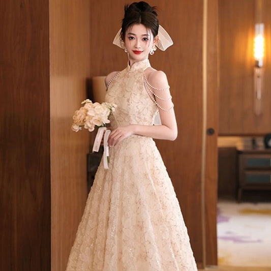 Jacquard Neck Fringed Pearl Collar A-Line Dress Evening Floral Faux Stand Halter