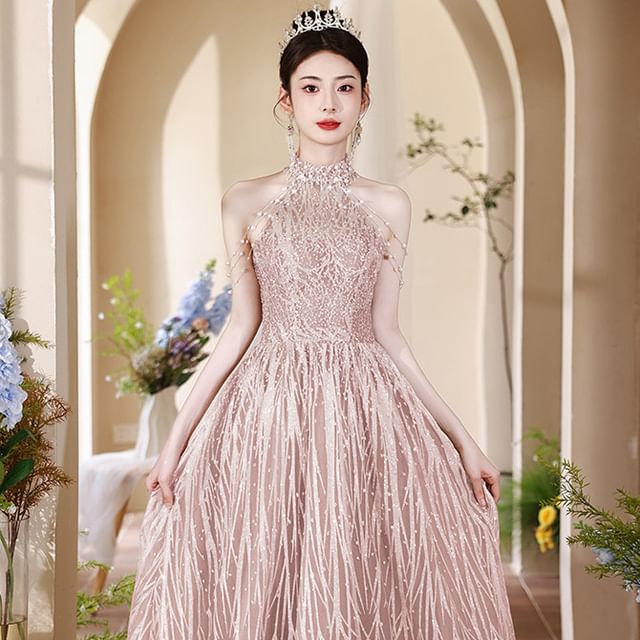 Back Fringed Halter Gown Mock Neck A-Line Evening Faux Cutout Pearl