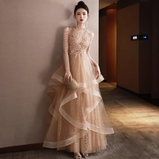 Halter Sequin A-Line Evening Floral Fringed Layered Neck Gown