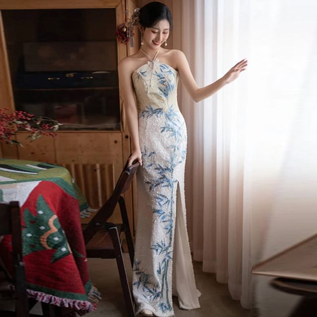 Dress Embroidered Slit Mermaid Evening Bamboo Sequin Neck Halter