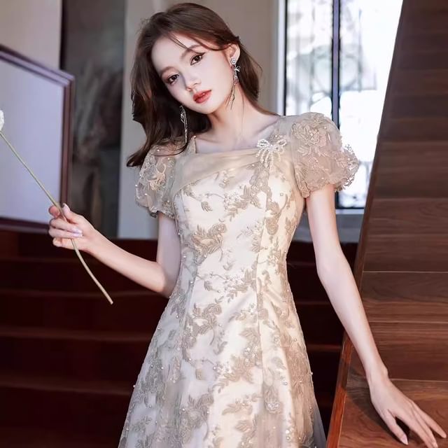 Faux Sequin Floral Pearl Evening Puff-Sleeve Neck Square Gown Embroidered A-Line