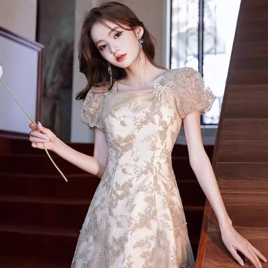 Faux Sequin Floral Pearl Evening Puff-Sleeve Neck Square Gown Embroidered A-Line