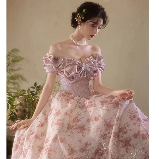 Print Accent A-Line Back Floral Off-Shoulder Evening Bow Gown Butterfly